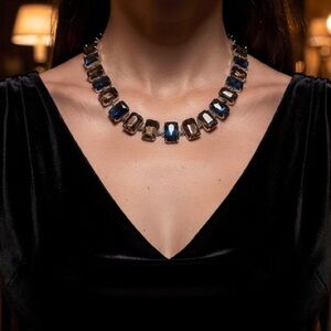 Silver-Tone Collar Necklace with Midnight Blue & Smoky Crystal Glass Stones